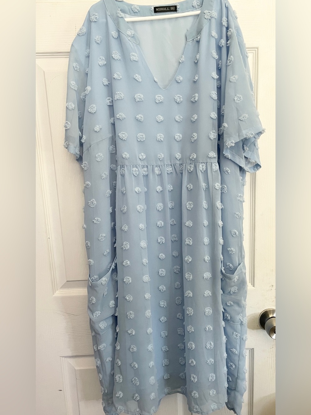 Miholl Dress XXL Women’s Light Blue Pom Pom Swiss Dot Flowy Pockets Empire Waist